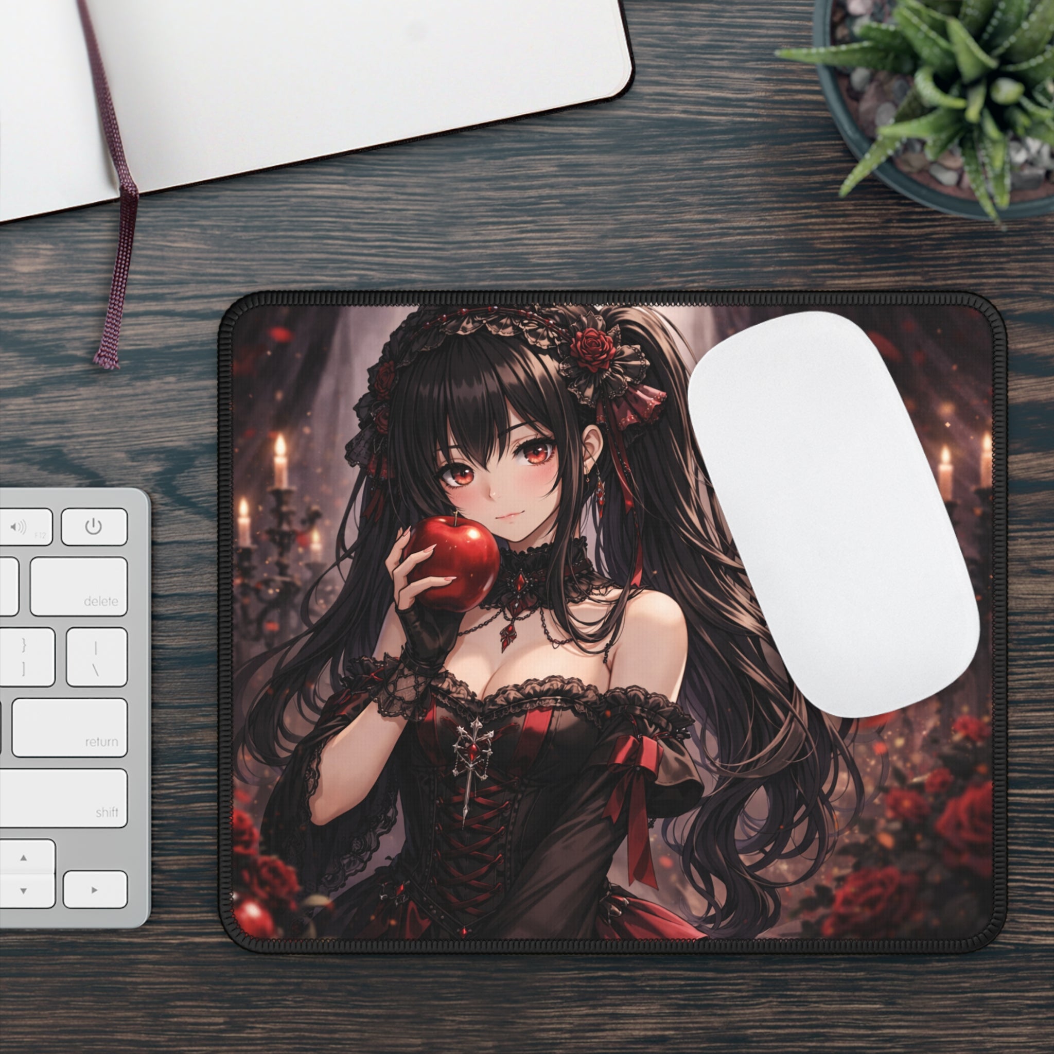 Dark Gothic Girl Holding Apple | Gaming Mouse Pad