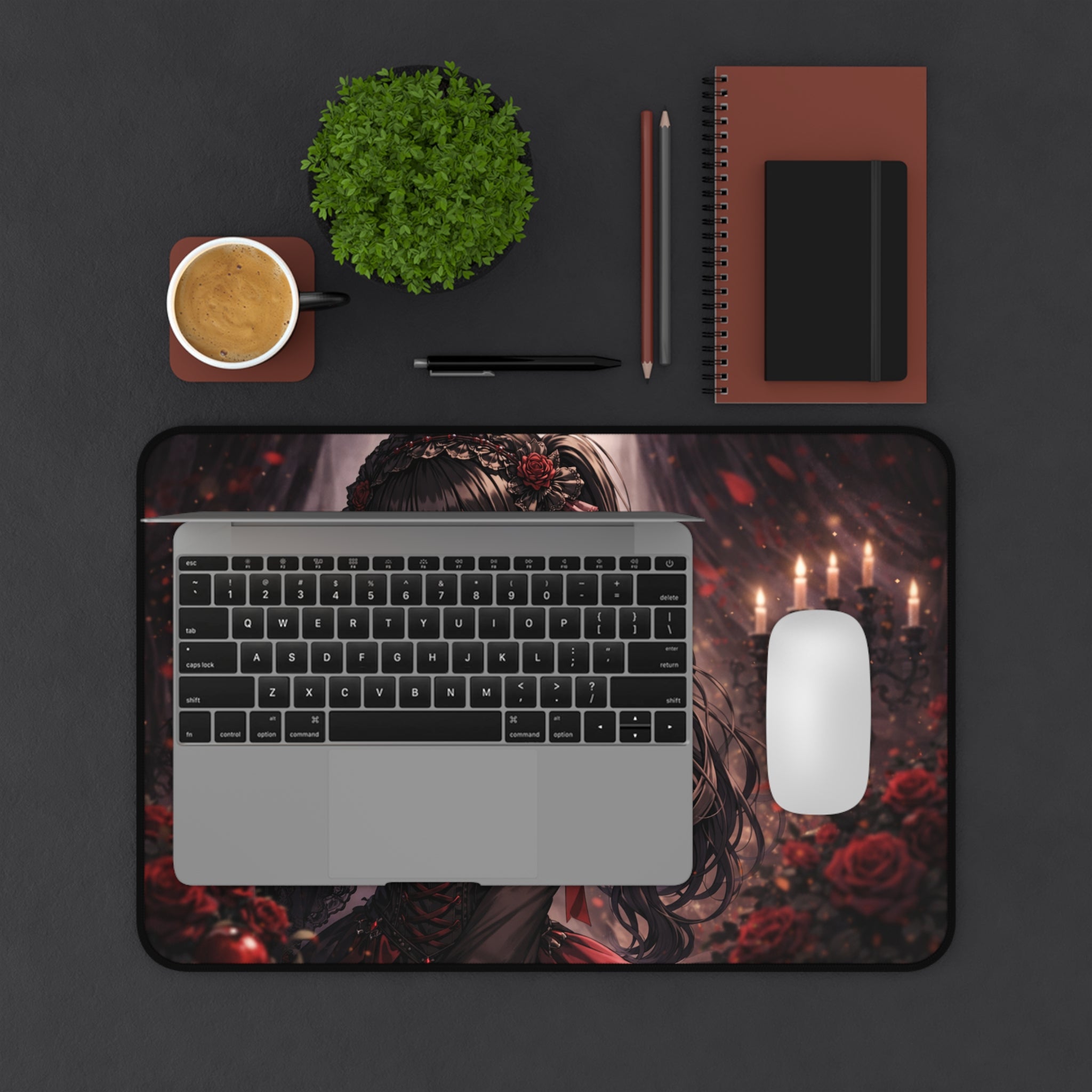 Gothic Anime Girl Holding Apple Desk Mat