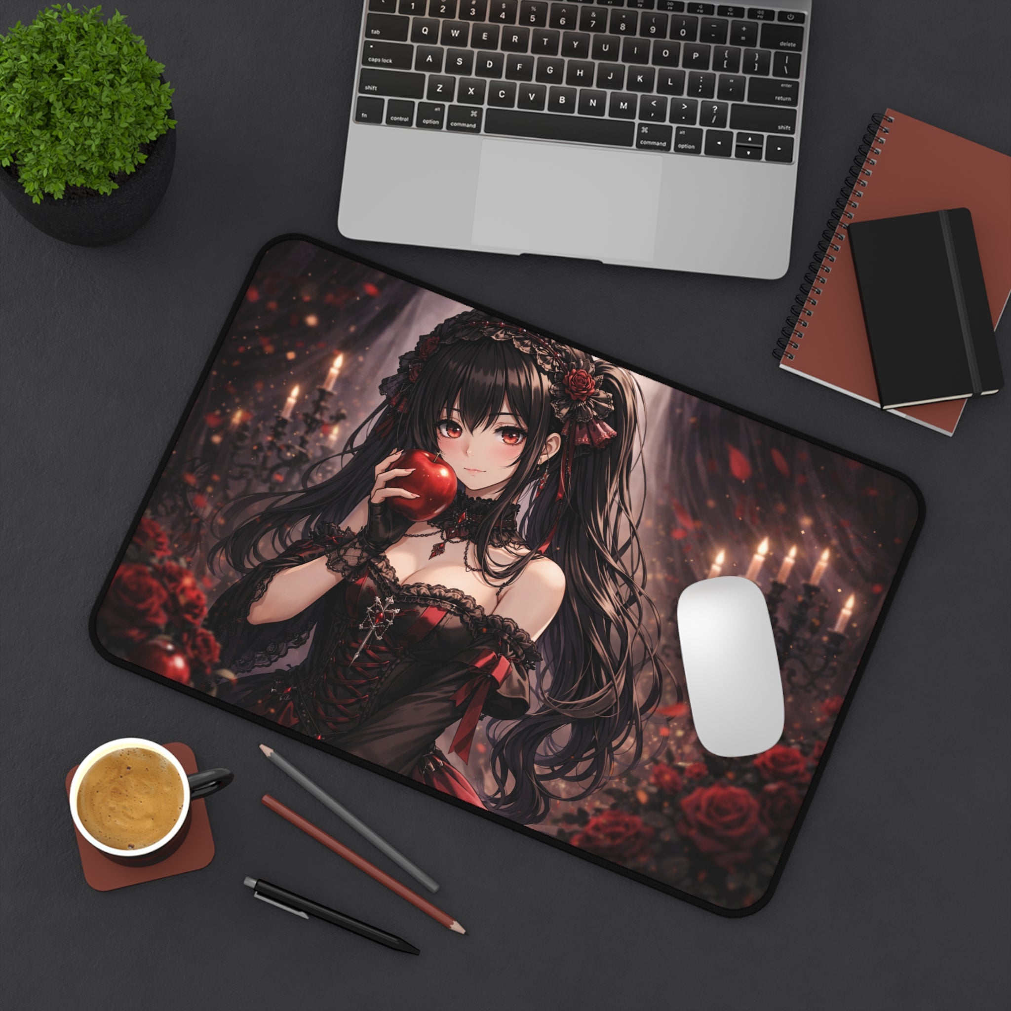 Gothic Anime Girl Holding Apple Desk Mat